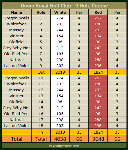 Down Royal Golf Club 9 Hole Scorecard
